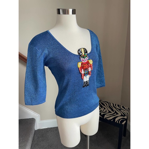 Blue sparkly little drummer boy ugly christmas sweater/top - Picture 2 of 9